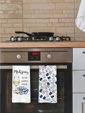 Mahjong Kitchen Towels Set - White and Blue, new